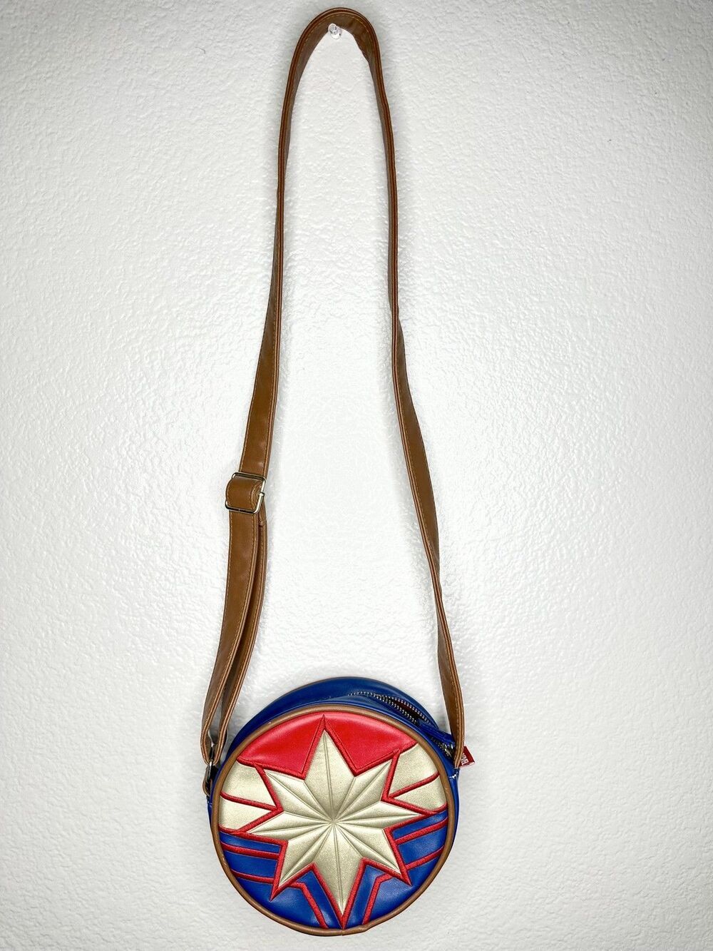 Disney Crossbody Bag Womens Small Blue Red Faux Leather Captain Marvel Star